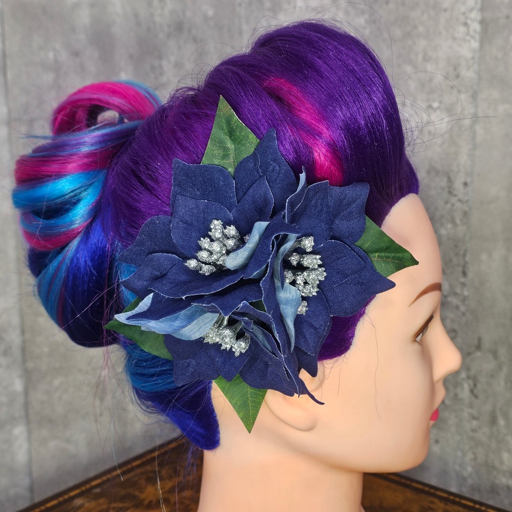 Handmade Navy Blue Poinsettia Hair Flower Clip Holiday Winter Glitter Pinup